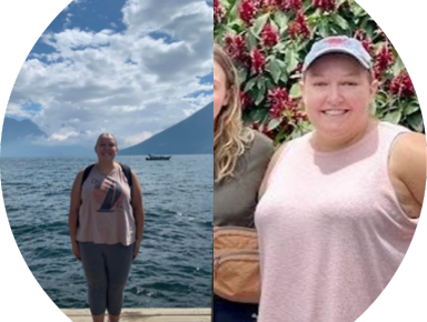 One photo of student in front of a body of water, and one photo of them in a group